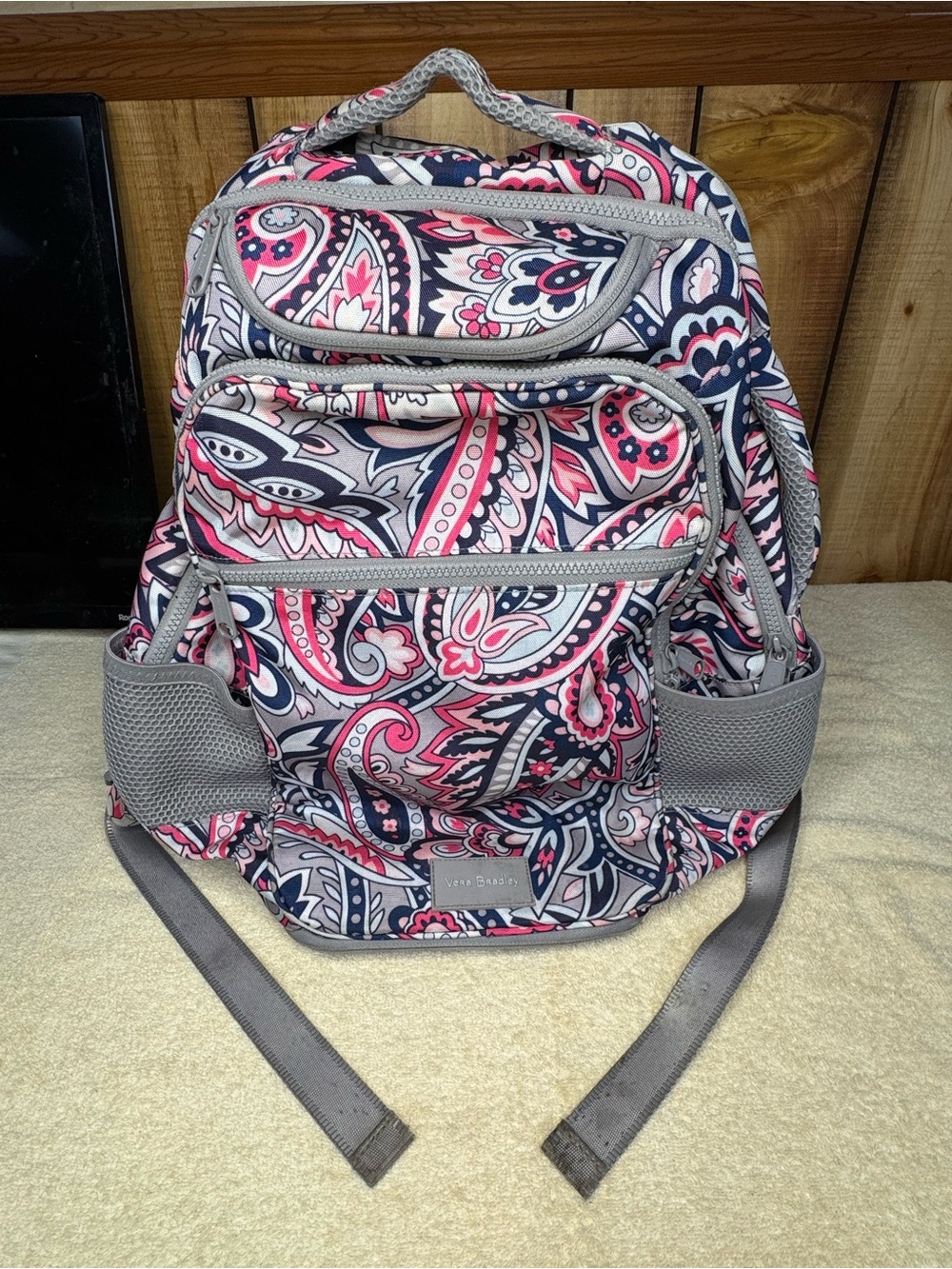 Vera Bradley Navy and Pink Paisley Backpack with Gray Trim